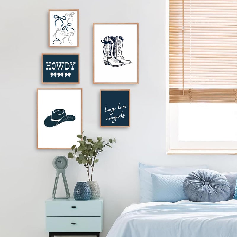 Riveda 5 Pcs Navy Blue Cowgirl Wall Art Cute Girly Western Prints Coquette Posters Preppy Coastal Blue Print Vintage Wild Western Gallery Picture Canvas Trendy Dorm Decor Unframed (8"*10"x3+12"*16x2) - Image 5