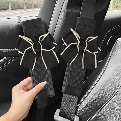 ongfuwu 2PCS Car Seat Belt Cover Pad Cute Bow Leather Seatbelt Covers for Cars Soft Auto Seat Belt Shoulder Strap Covers Universal Seatbelt Protector Cushion for Shoulder Neck Black 2PCS - Image 1