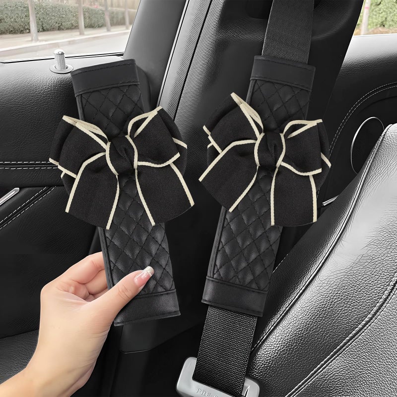 ongfuwu 2PCS Car Seat Belt Cover Pad Cute Bow Leather Seatbelt Covers for Cars Soft Auto Seat Belt Shoulder Strap Covers Universal Seatbelt Protector Cushion for Shoulder Neck Black 2PCS - Image 3