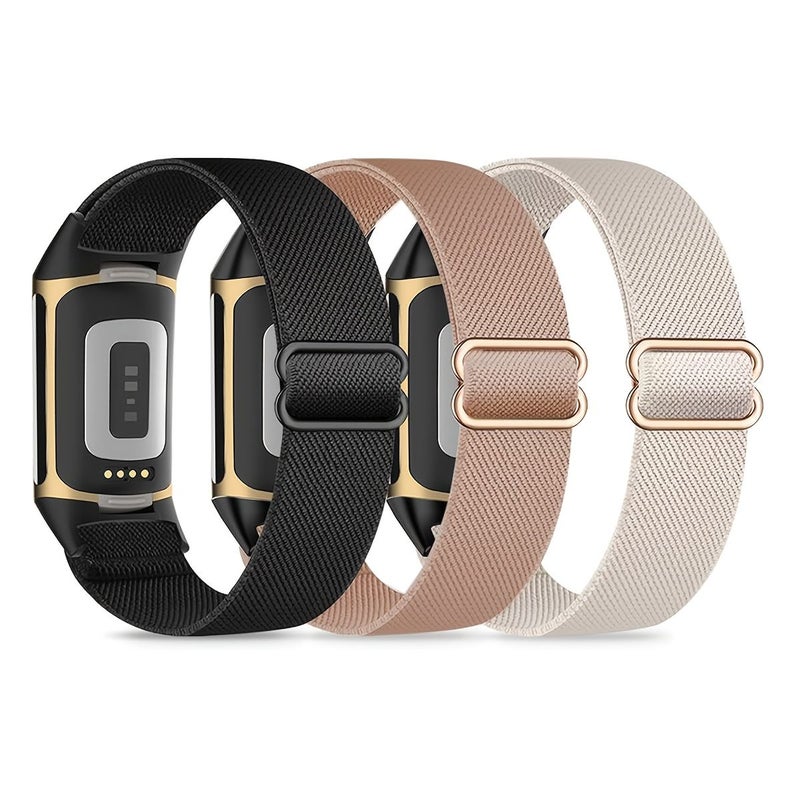 3 Pcs Nylon Elastic Watch Bands Combo Pack 1 Compatible With Fitbit Charge 6 Charge 5 Adjustable Stretchy Breathable Sport Loop Replacement Strap Women Men - Image 1