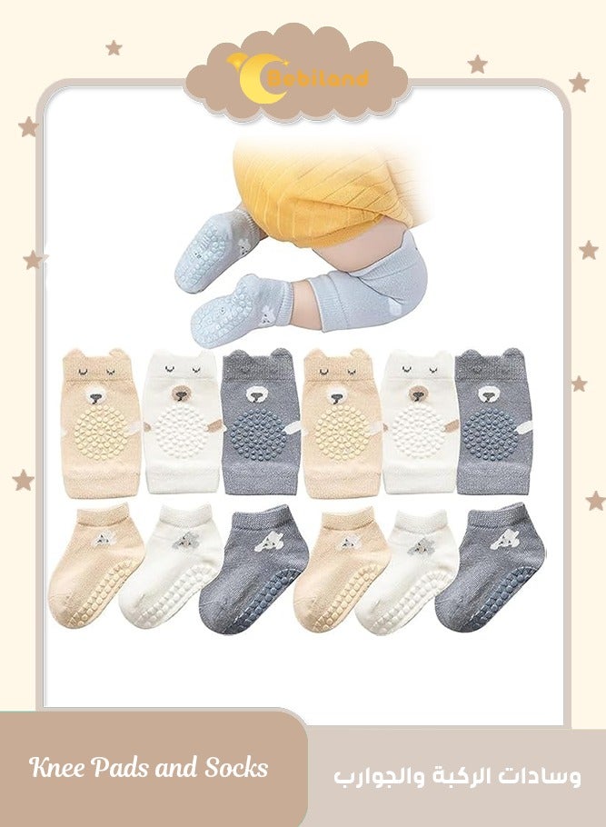 Bebiland 3PCS Unisex Baby Crawling Anti-Slip Knee Pads and Socks Set,Save Toddler Boy Girl 12-24 Months Knee and Ankle (M) - Image 1