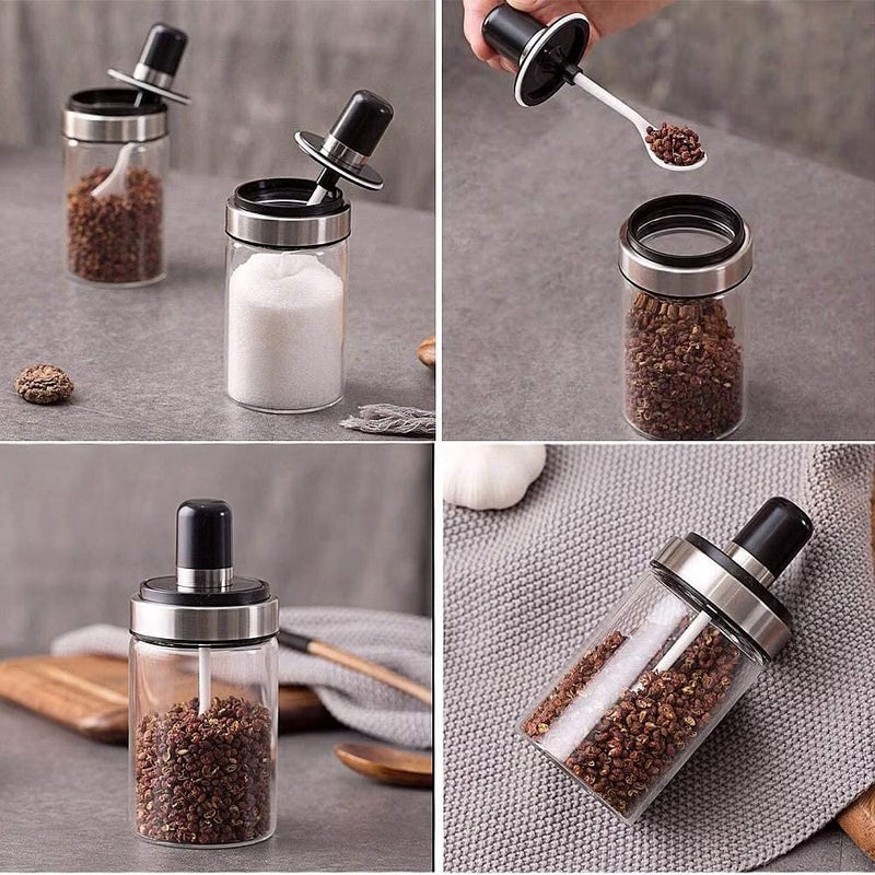 LOCANS Borosilicate Glass Food Storage Spice Salt Sugar Condiment Jar with Spoon and Olive Oil Bottle with Brush Combo for Kitchen Restaurants Airtight Cap Transparent Pack of 2 - Image 4