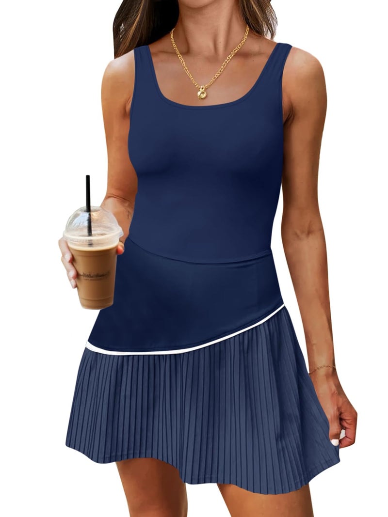 Fisoew Womens Tennis Dress with Built in Shorts and Bra Summer Sleeveless Pleated Golf Athletic Mini Dresses Navy - Image 1