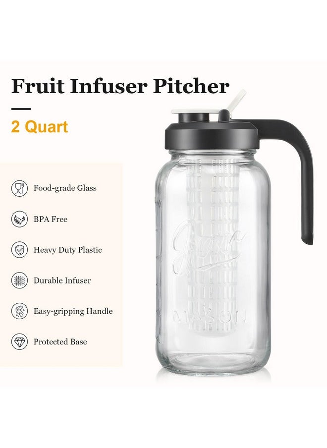 Aozita - Mason Jar Fruit Infuser Water Pitcher, Glass Pitcher with Filter Lid, Wide Mouth Jar Leak-proof Water Pitcher, Heavy Duty Glass Jar - 2 Quart - Image 1