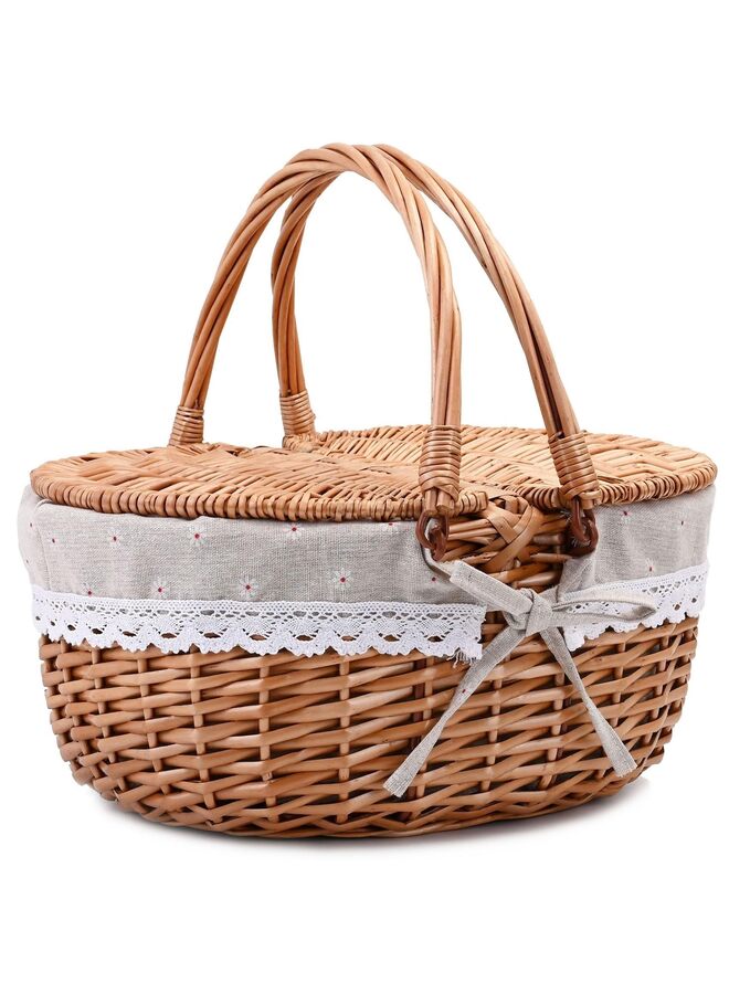 Wicker Picnic Basket with Removable Liner Empty Picnic Baskets with Lid, Picnic Hamper with Foldable Handles for Picnic,Flowers 15Inch - Image 1
