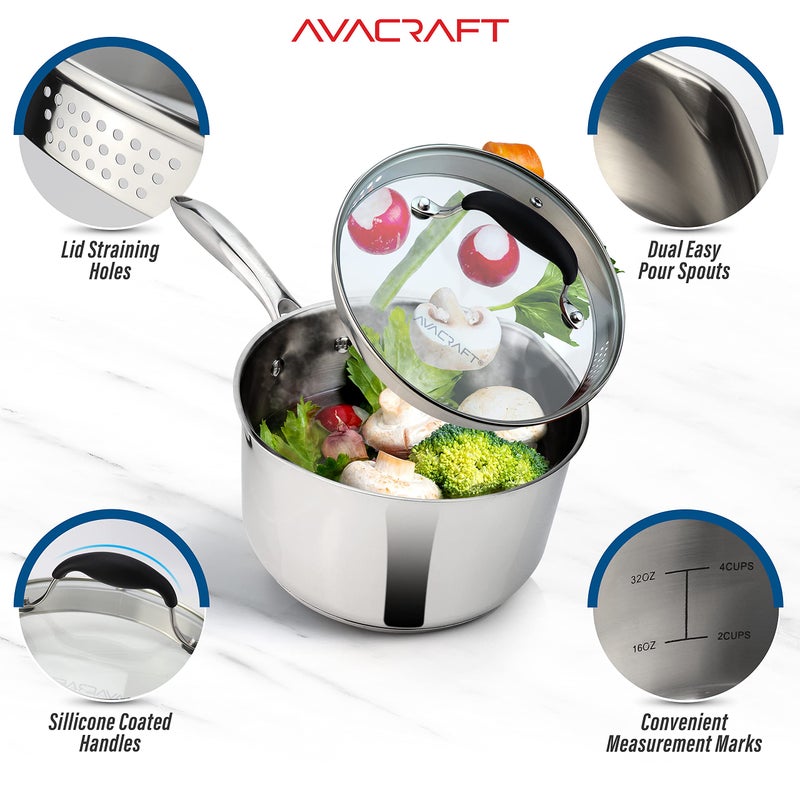 AVACRAFT Multipurpose Sauce Pan/Pot, Stainless Steel with Glass Strainer Lid, Two Side Spouts for Easy Pour with Ergonomic Handle (5-Ply Capsule Bottom, 1.5 Quart) - Image 4