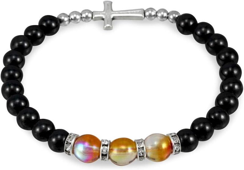 RosaryMart Hematite and Glass Elastic Rosary Bracelet with Cross