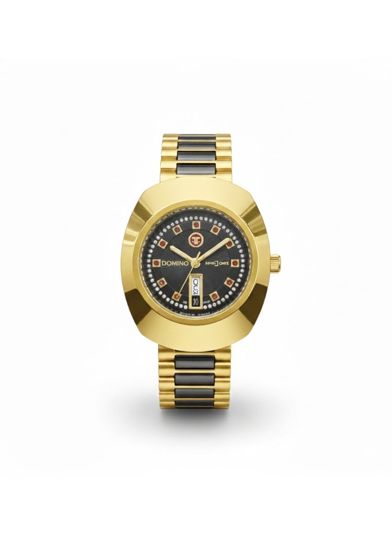 Domino Luxury Women’s Quartz Watch | Elegant Gold-Tone Stainless Steel Bracelet | Textured Black Dial with Crystal Accents & Day-Date Display