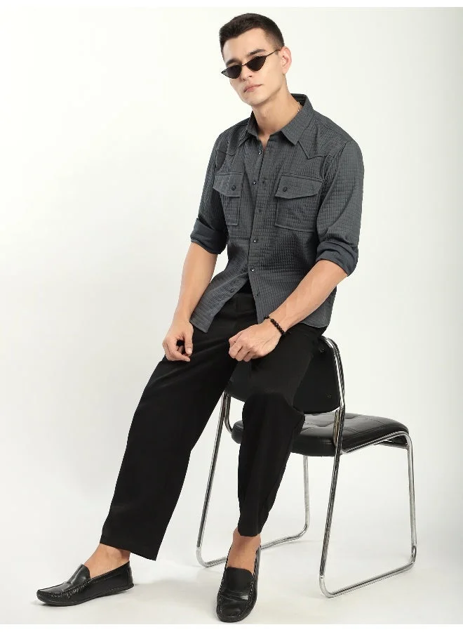 بيونغ قميص غربي رمادي داكن بنقوش