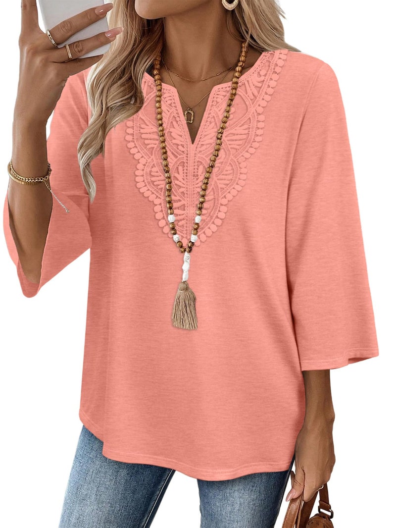 WIHOLL Womens Summer Tops Boho Tops for Women Trendy Beach Vacation Clothes Ladies Blouses Dressy Casual 3/4 Length Sleeve Valentine's Day V Neck T Shirts Basic Tees M - Image 1