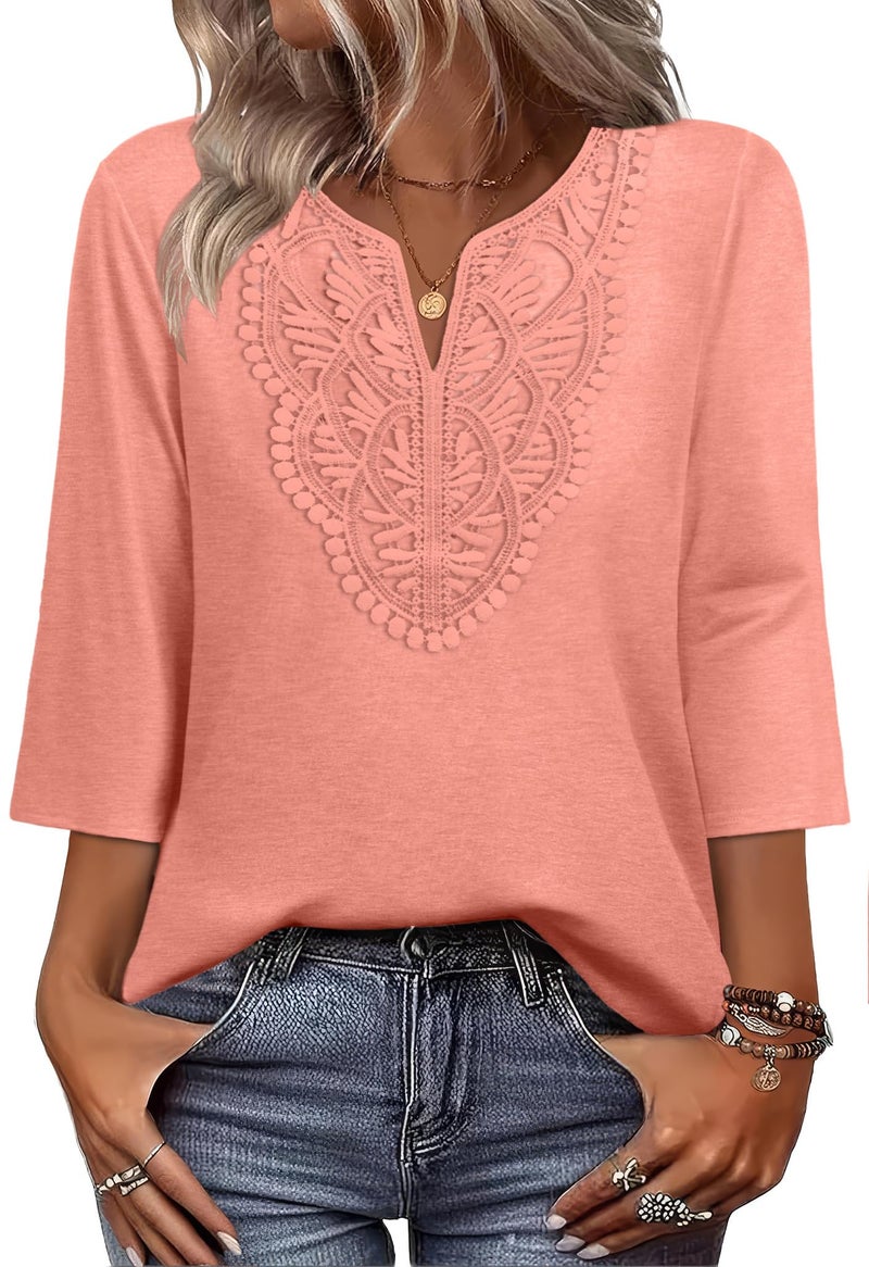 WIHOLL Womens Summer Tops Boho Tops for Women Trendy Beach Vacation Clothes Ladies Blouses Dressy Casual 3/4 Length Sleeve Valentine's Day V Neck T Shirts Basic Tees M - Image 2