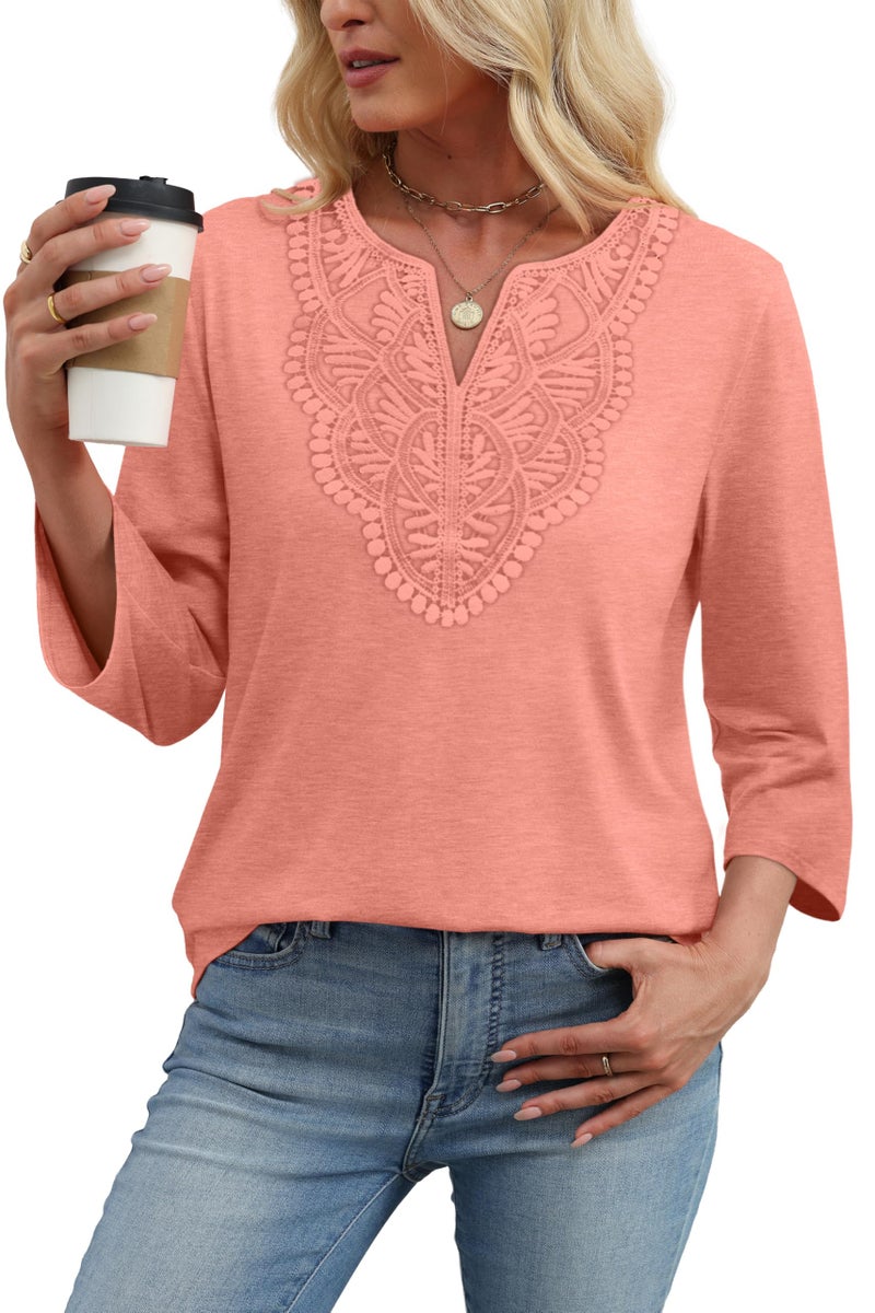WIHOLL Womens Summer Tops Boho Tops for Women Trendy Beach Vacation Clothes Ladies Blouses Dressy Casual 3/4 Length Sleeve Valentine's Day V Neck T Shirts Basic Tees M - Image 3