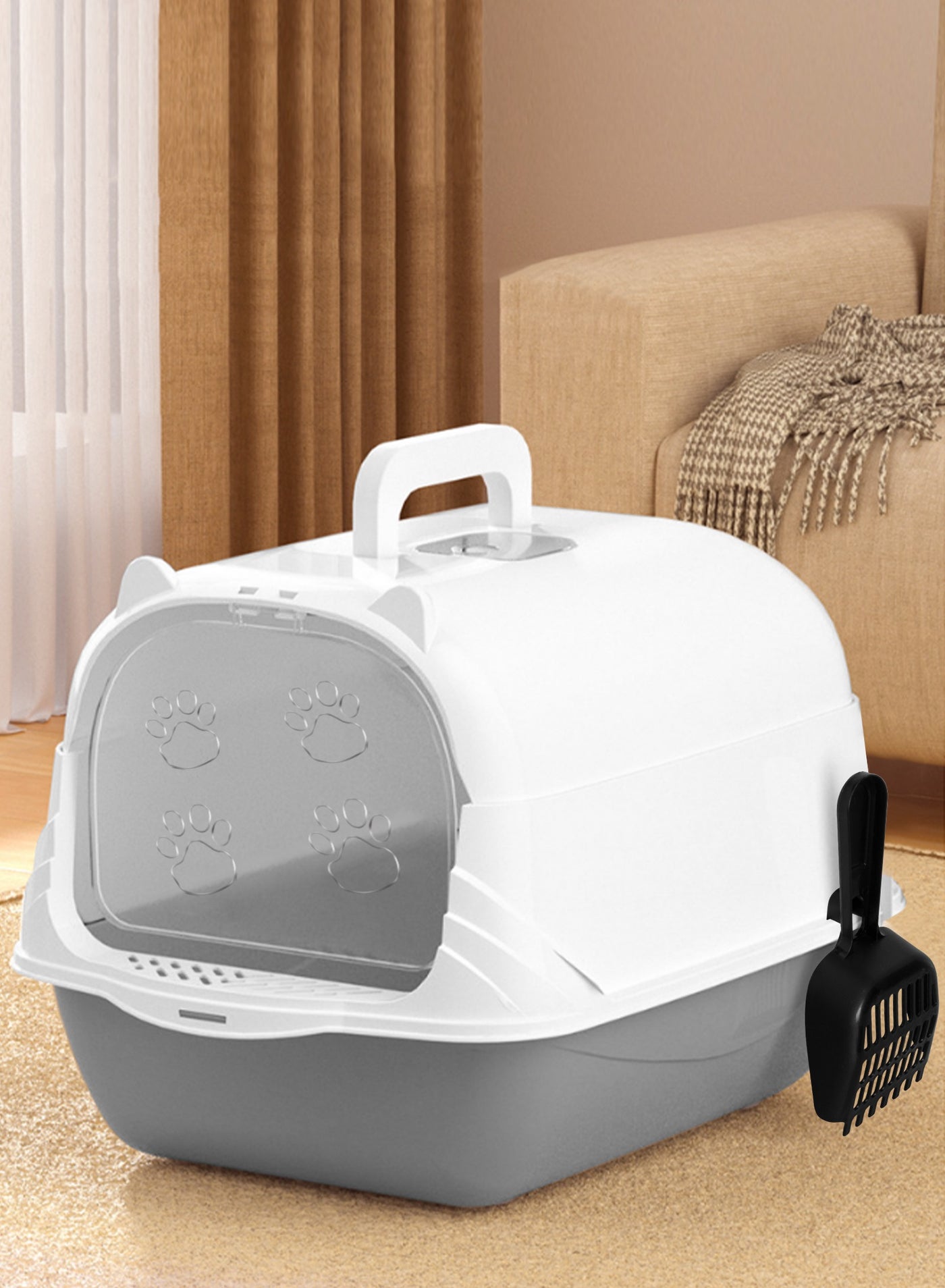 Enclosed Cat Litter Boxes Plastic Cat Litter Box with Lid and Door Closed Anti-Splshing Standard Kitten Toilet with Sifting Pedal and Litter Scoop for Kitty