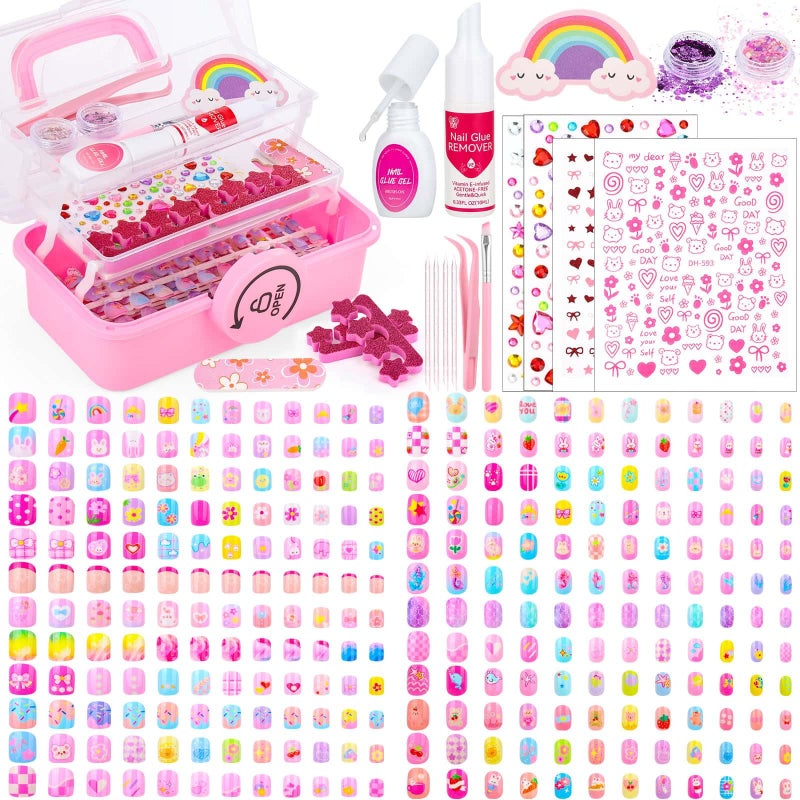 Audab 576 Pcs Kids Nails and Glue, Girls Press ons Nail Art Kit with Storage Case, Fake Nails Adhesive, Remover, Rainbow Nail File, Cute Stuff Girls Gift for Kids Age 8-12 - Image 1