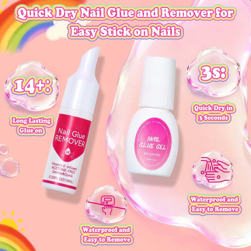 Audab 576 Pcs Kids Nails and Glue, Girls Press ons Nail Art Kit with Storage Case, Fake Nails Adhesive, Remover, Rainbow Nail File, Cute Stuff Girls Gift for Kids Age 8-12 - Image 4