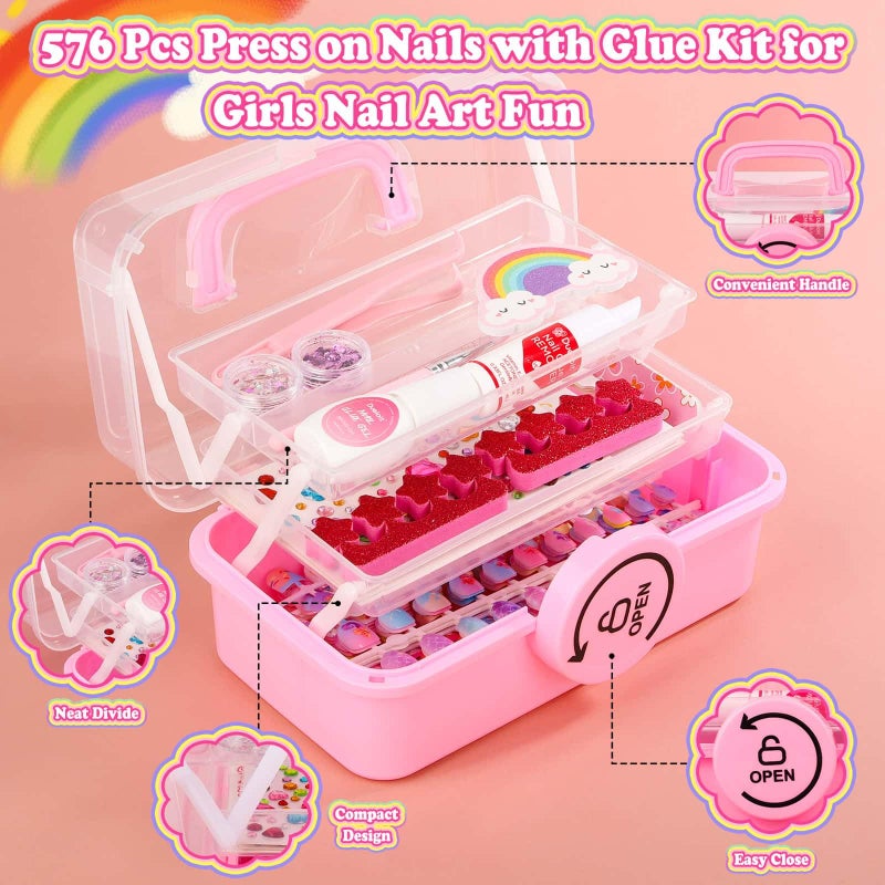 Audab 576 Pcs Kids Nails and Glue, Girls Press ons Nail Art Kit with Storage Case, Fake Nails Adhesive, Remover, Rainbow Nail File, Cute Stuff Girls Gift for Kids Age 8-12 - Image 3