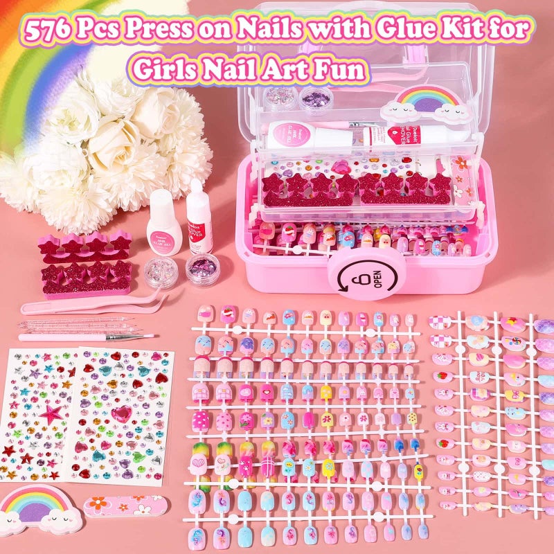 Audab 576 Pcs Kids Nails and Glue, Girls Press ons Nail Art Kit with Storage Case, Fake Nails Adhesive, Remover, Rainbow Nail File, Cute Stuff Girls Gift for Kids Age 8-12 - Image 2
