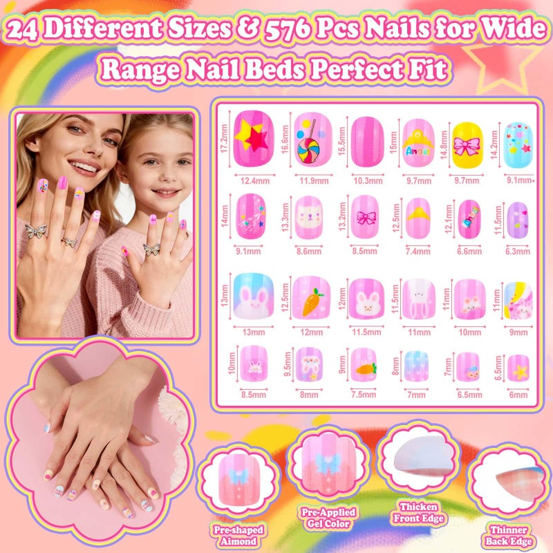 Audab 576 Pcs Kids Nails and Glue, Girls Press ons Nail Art Kit with Storage Case, Fake Nails Adhesive, Remover, Rainbow Nail File, Cute Stuff Girls Gift for Kids Age 8-12 - Image 5