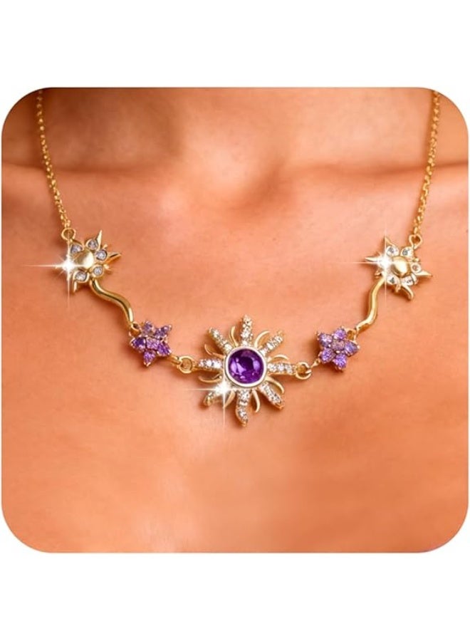 Luxury Gold Women's Celestial Sun & Stars Statement Necklace with Purple & White Zircon Crystals — 18K Gold Plated Princess Jewelry — Perfect for Parties, Gifts & Special Occasions