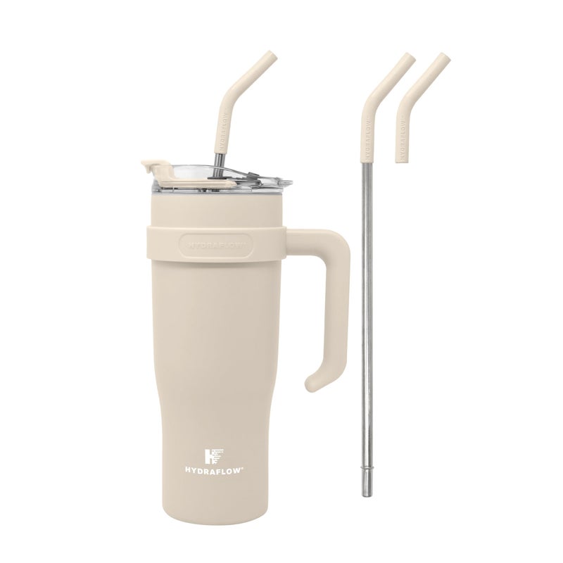 HYDRAFLOW Capri 40oz Tumbler with Straw and Handle Triple Wall Vacuum Insulated Tumbler Insulated Smoothie Cup Stainless Steel Tumbler Reusable Tumbler with Lid Sand