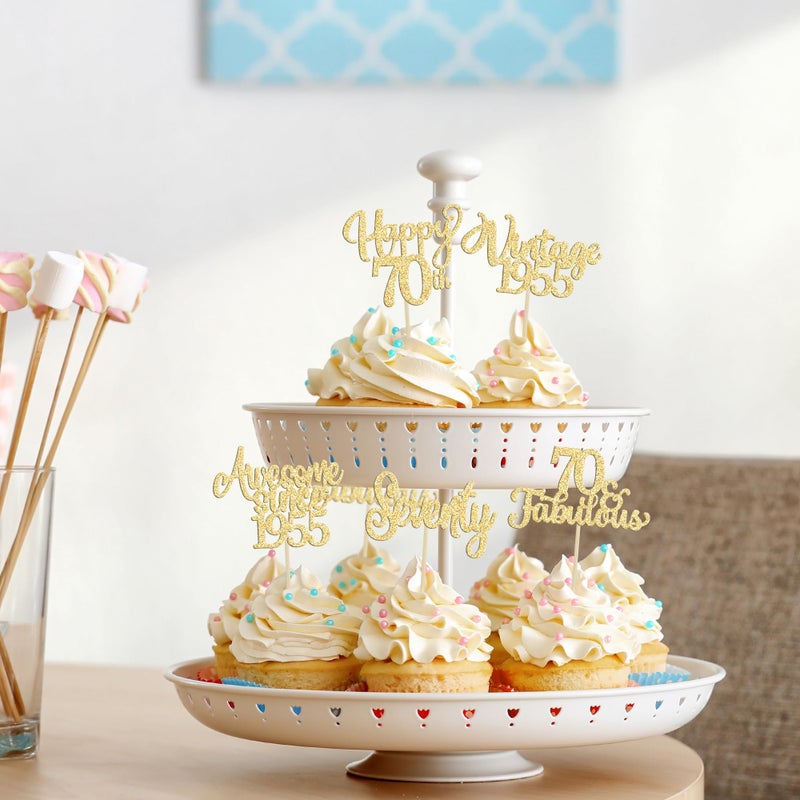 Ephlyn 30Pcs Vintage 1955 Cupcake Toppers Glitter Seventy Happy 70th Birthday 70 Fabulous Cupcake Picks Cheers to 70 Years for 70th Birthday Wedding Anniversary Party Cake Decorations Supplies Gold - Image 4
