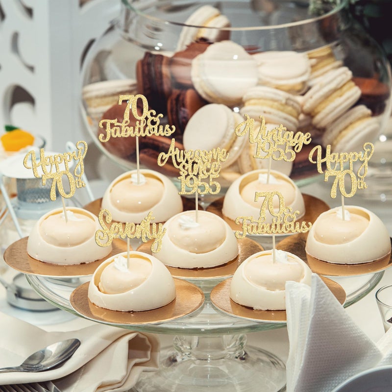 Ephlyn 30Pcs Vintage 1955 Cupcake Toppers Glitter Seventy Happy 70th Birthday 70 Fabulous Cupcake Picks Cheers to 70 Years for 70th Birthday Wedding Anniversary Party Cake Decorations Supplies Gold - Image 5