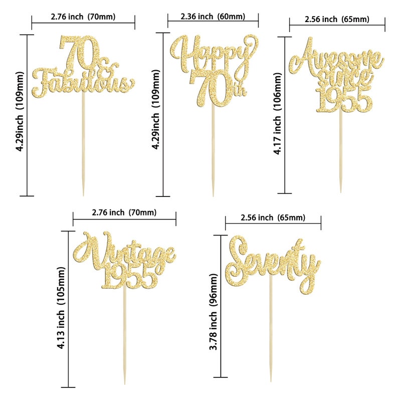Ephlyn 30Pcs Vintage 1955 Cupcake Toppers Glitter Seventy Happy 70th Birthday 70 Fabulous Cupcake Picks Cheers to 70 Years for 70th Birthday Wedding Anniversary Party Cake Decorations Supplies Gold - Image 2