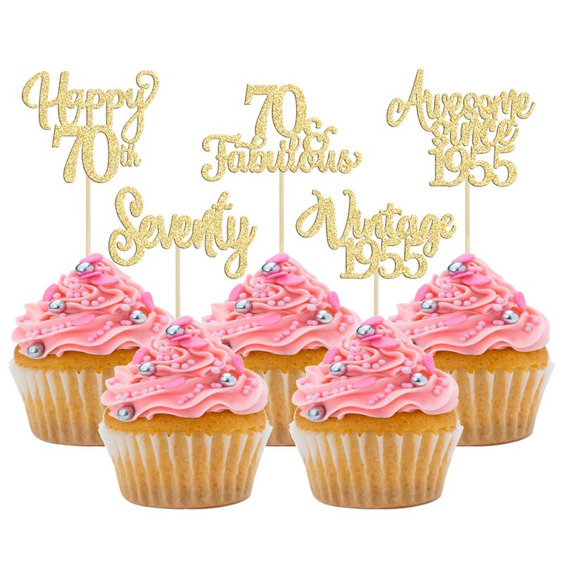 Ephlyn 30Pcs Vintage 1955 Cupcake Toppers Glitter Seventy Happy 70th Birthday 70 Fabulous Cupcake Picks Cheers to 70 Years for 70th Birthday Wedding Anniversary Party Cake Decorations Supplies Gold - Image 1