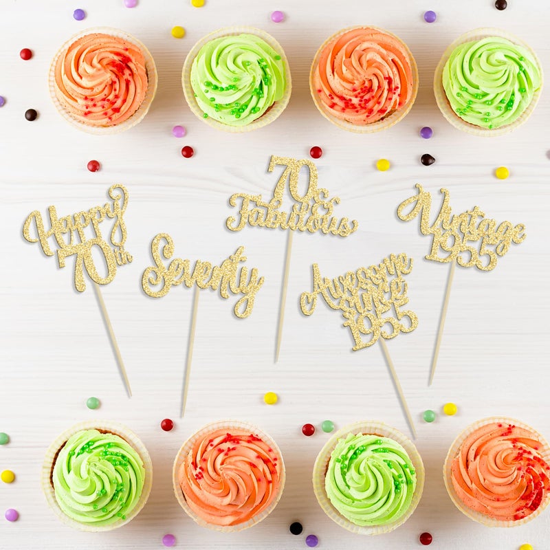 Ephlyn 30Pcs Vintage 1955 Cupcake Toppers Glitter Seventy Happy 70th Birthday 70 Fabulous Cupcake Picks Cheers to 70 Years for 70th Birthday Wedding Anniversary Party Cake Decorations Supplies Gold - Image 3