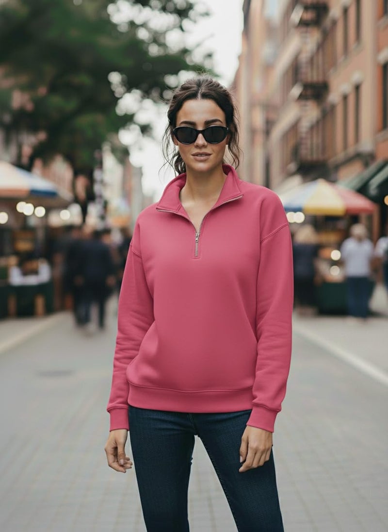 Mack Jonney Women’s Fleece Half-Zip Pink Color High Neck Sweatshirt | Warm & Stylish Winter Wear -JM.4422 - Image 2