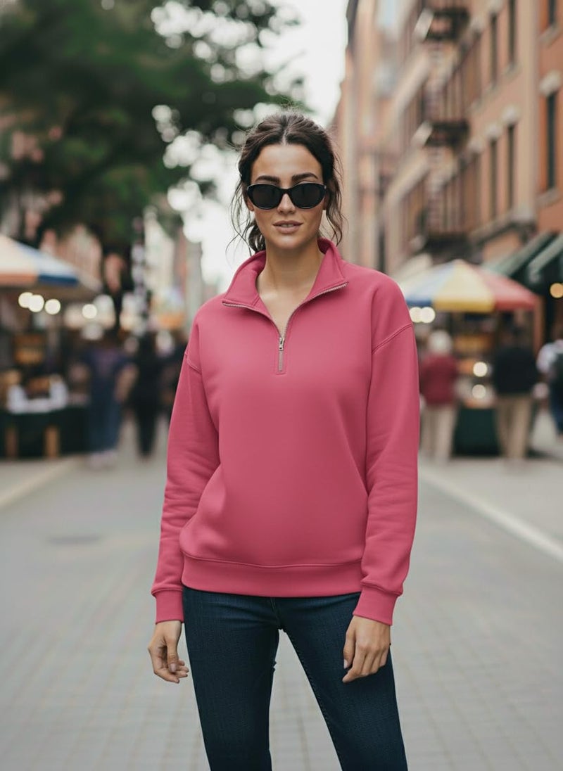 Mack Jonney Women’s Fleece Half-Zip Pink Color High Neck Sweatshirt | Warm & Stylish Winter Wear -JM.4422 - Image 5