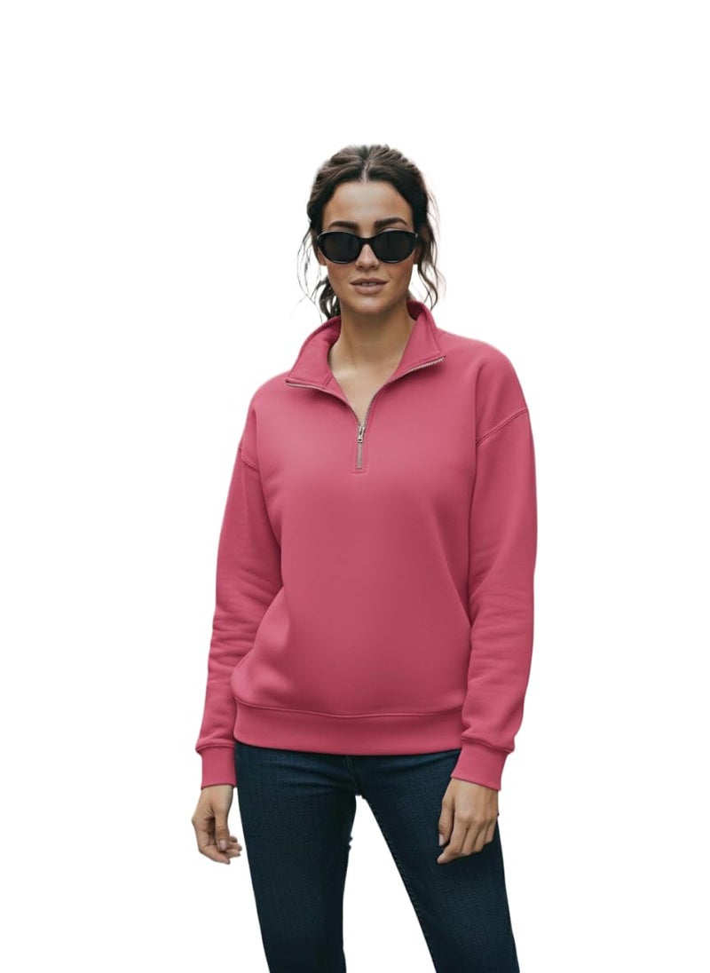 Mack Jonney Women’s Fleece Half-Zip Pink Color High Neck Sweatshirt | Warm & Stylish Winter Wear -JM.4422 - Image 1