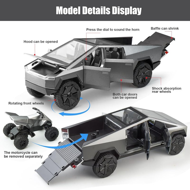 stochastic box Pickup Truck and Motorcycle 1/24 Diecast Cars with Lights and Sounds Cybertruck Metal Toy Cars for Kids Adults Boys Black - Image 5