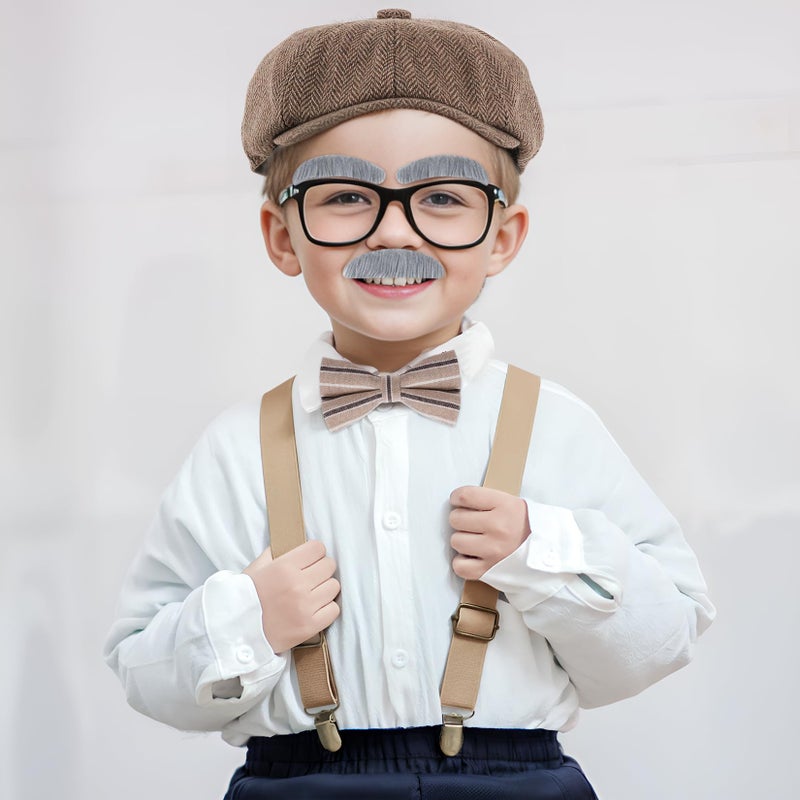 mifengda Kids Old Man Costume 100 Day of School Grandpa Costume for Boys 1920s Old Man Outfit Halloween Dress Up Set Including Bow Tie Beard Eyebrow Suspenders Glasses for Kids Boy Halloween (Khaki) - Image 5