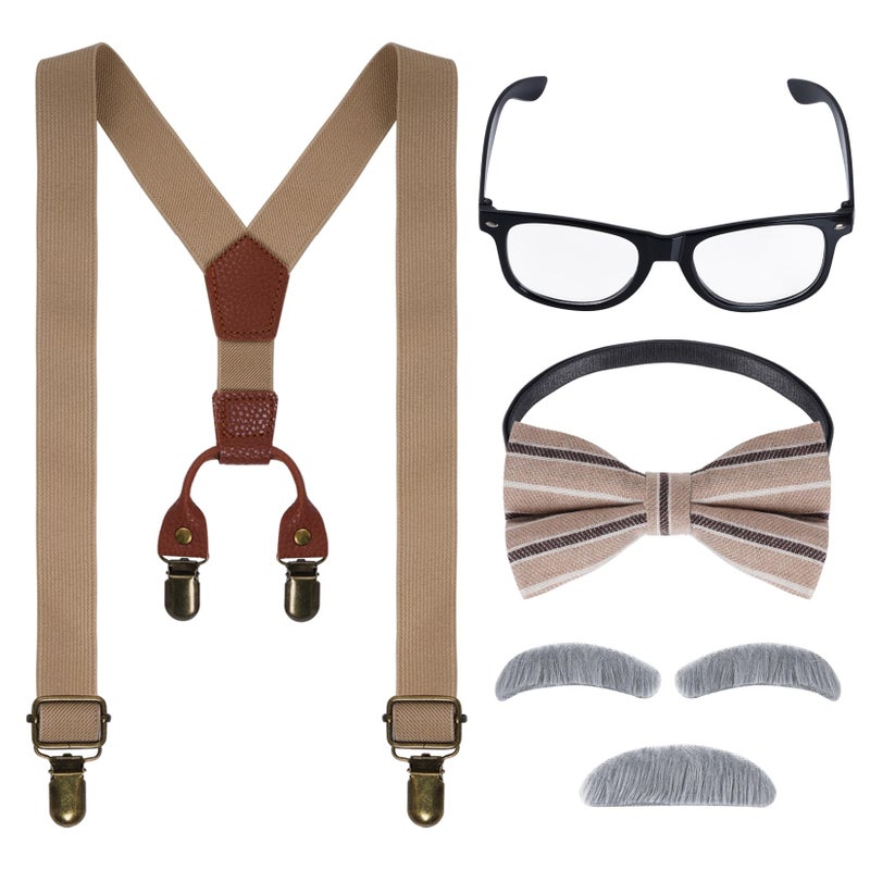 mifengda Kids Old Man Costume 100 Day of School Grandpa Costume for Boys 1920s Old Man Outfit Halloween Dress Up Set Including Bow Tie Beard Eyebrow Suspenders Glasses for Kids Boy Halloween (Khaki) - Image 1