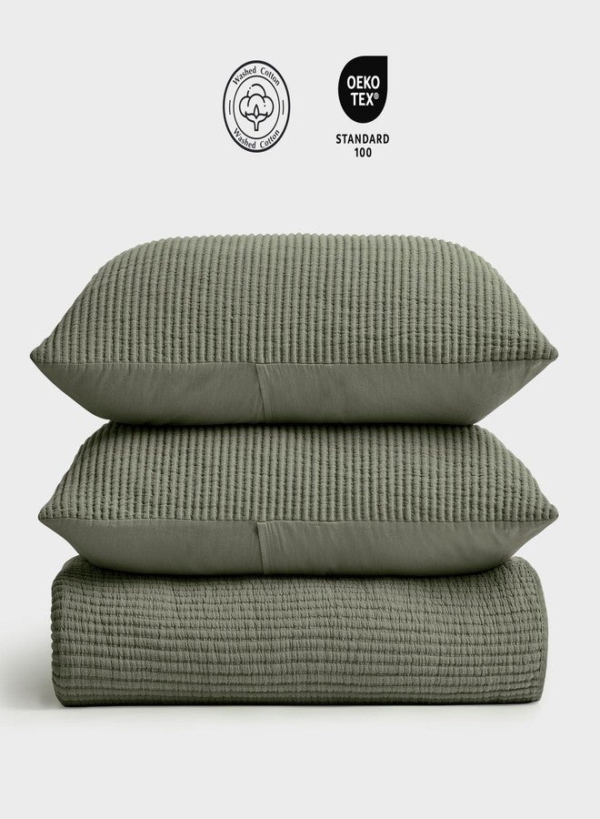 EVERGRACEHOME Cotton Coverlet Set Full Queen Size 3 Pieces, Lightweight Soft Ribbed Matelassé Bedspread Quilt Set, Cozy Oversized Quilted Bedding Set with 2 Pillow Shams for All Seasons, Olive Green - Image 5