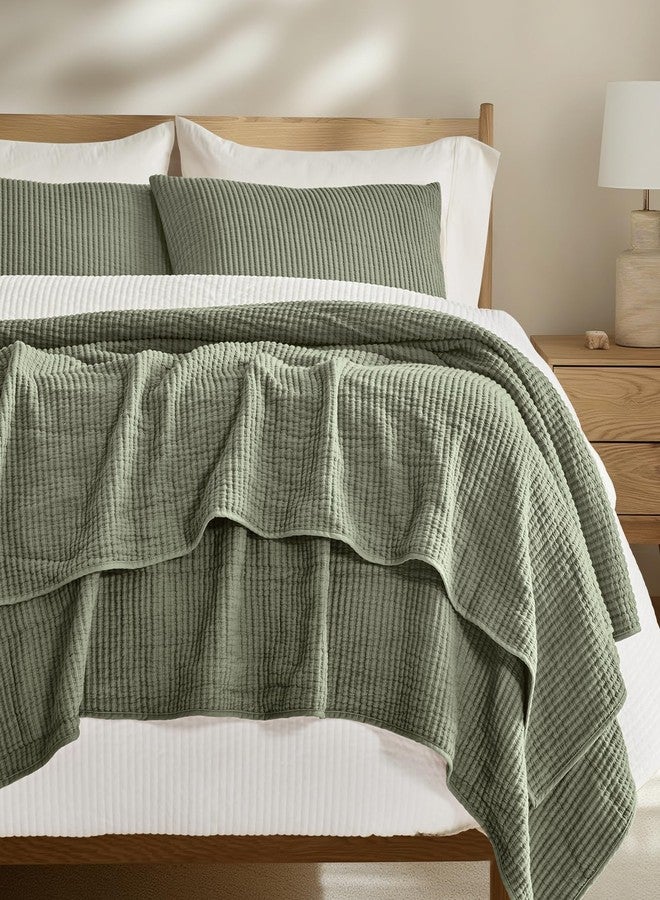 EVERGRACEHOME Cotton Coverlet Set Full Queen Size 3 Pieces, Lightweight Soft Ribbed Matelassé Bedspread Quilt Set, Cozy Oversized Quilted Bedding Set with 2 Pillow Shams for All Seasons, Olive Green - Image 1