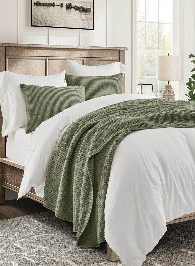 EVERGRACEHOME Cotton Coverlet Set Full Queen Size 3 Pieces, Lightweight Soft Ribbed Matelassé Bedspread Quilt Set, Cozy Oversized Quilted Bedding Set with 2 Pillow Shams for All Seasons, Olive Green - Image 4