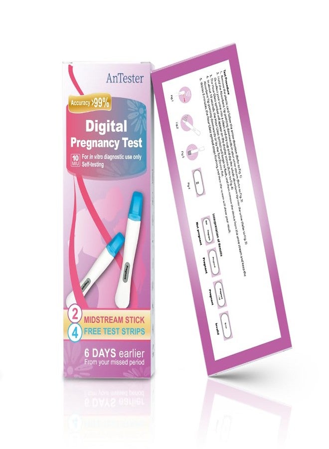 مجموعة اختبار الحمل الرقمي المبكر AnTester 2X + 4 شرائط اختبار هرمون الحمل hCG بتركيز 10 ملي وحدة دولية/مل، مجموعة اختبار حمل منزلي للنساء بنتائج سهلة القراءة - Image 2