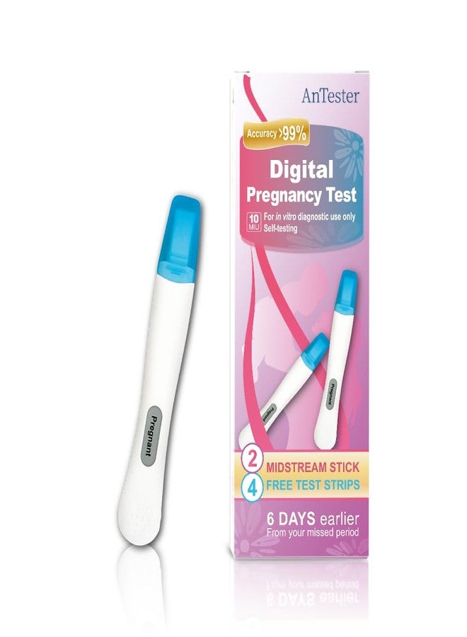 مجموعة اختبار الحمل الرقمي المبكر AnTester 2X + 4 شرائط اختبار هرمون الحمل hCG بتركيز 10 ملي وحدة دولية/مل، مجموعة اختبار حمل منزلي للنساء بنتائج سهلة القراءة - Image 1