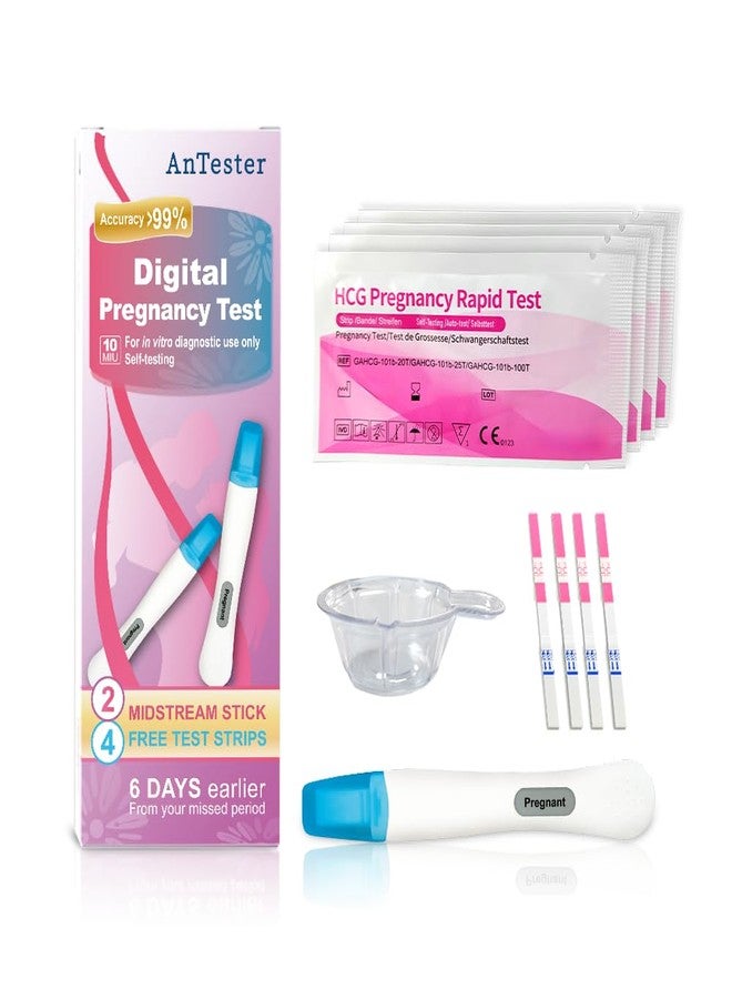 مجموعة اختبار الحمل الرقمي المبكر AnTester 2X + 4 شرائط اختبار هرمون الحمل hCG بتركيز 10 ملي وحدة دولية/مل، مجموعة اختبار حمل منزلي للنساء بنتائج سهلة القراءة - Image 3