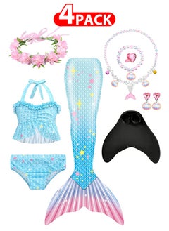 4 Pack Mermaid Tails with Mono Fin Sparkle Mermaid Swimsuit for Kids Girls Flower Headband and Mermaid Jewelry Set