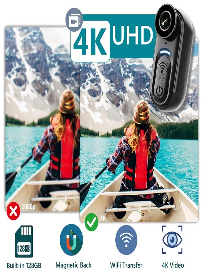 DayDateUp 4K Mini Body Camera 128GB, Thumb Size Action Body Cam, Wearable Sports Cameras,Hands-Free POV Recording, Helmet Mount, Magnetic Sport DV for Bike Cycling,for Vlogging Pet Walk Swim - Image 2