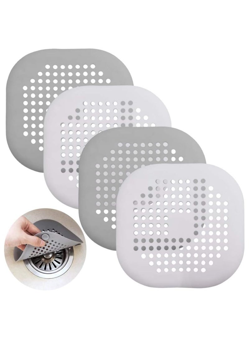 إسكدنيا 4 قطع من واقيات البالوعات المصنوعة من السيليكون مع مصاصة، غطاء بالوعة مربع لفلتر تصريف أرضية الحمام، غطاء بالوعة الدش، مصفاة الحوض، غطاء تصريف حوض الاستحمام للمطبخ والحمام - أبيض، رمادي - Image 1