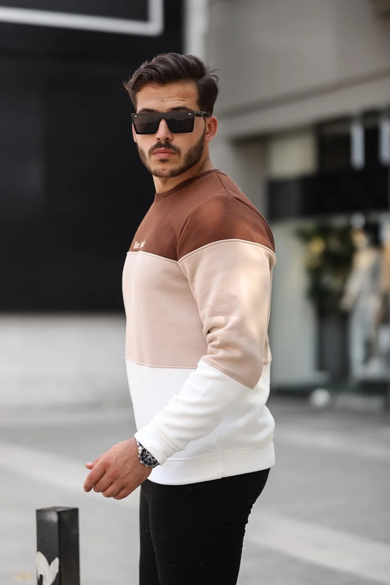 ميرون Coffee Beige Ecru Three Color Block Pieced Zero Collar Three Thread Regular Fit Sweatshirt2436