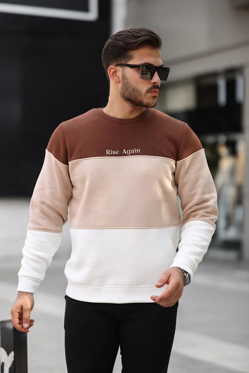 ميرون Coffee Beige Ecru Three Color Block Pieced Zero Collar Three Thread Regular Fit Sweatshirt2436