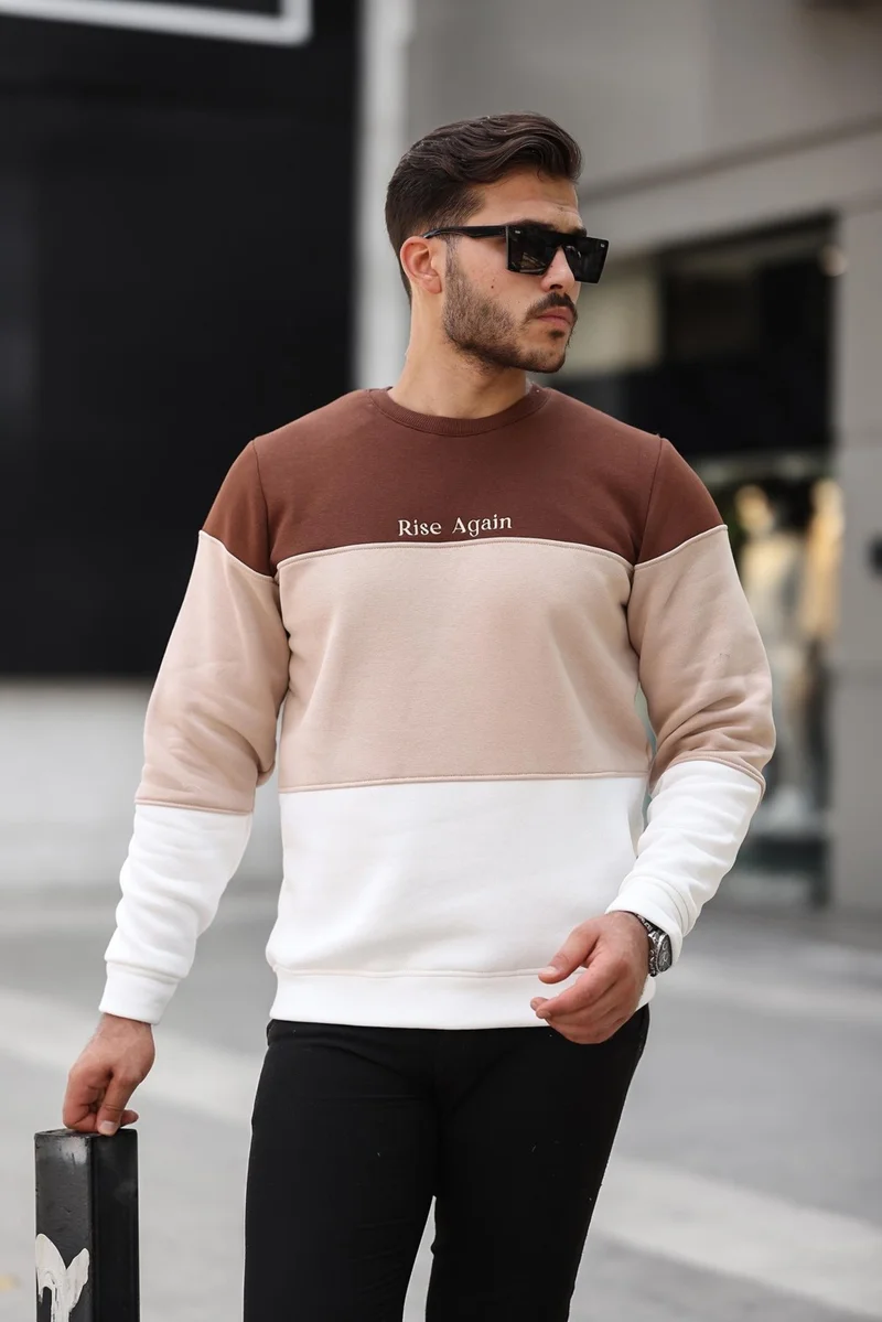 ميرون Coffee Beige Ecru Three Color Block Pieced Zero Collar Three Thread Regular Fit Sweatshirt2436