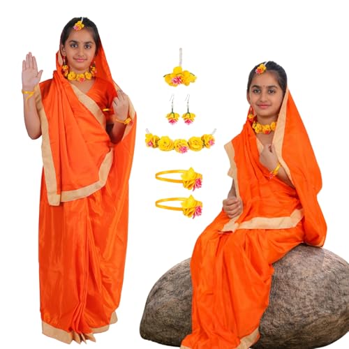 Sarvda Vanwasi Sita Costume for Girls | Pre-Stitched Ready-to-Wear Saree with Jewelry | Ideal for Fancy Dress, Mythology, and Mata Roles (Durga, Laxmi, Meera) (7 Years-8 Years) - Image 1