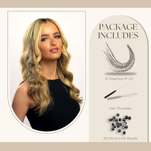 Feather Headz 21 Grizzly Color Hair Extensions 914 Long DIY Rooster Kit with 20 MicroLink Beads 100 Real Feathers EyeCatching Boho Style - Image 3