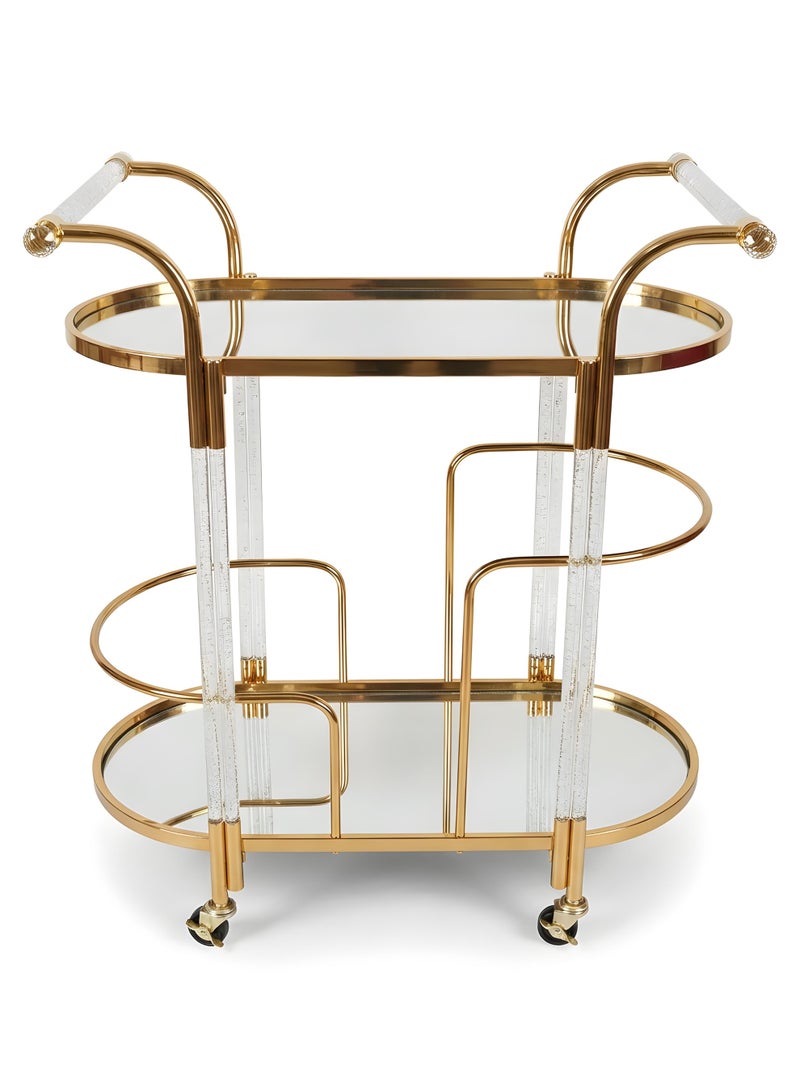Life Smile Luxury Gold 2-Tier Round Bar Cart with Mirror Glass Shelves – 73x48.5x91 cm Rolling Serving Trolley with Handles – Modern Multi-Purpose Food Storage Trolley - Image 1